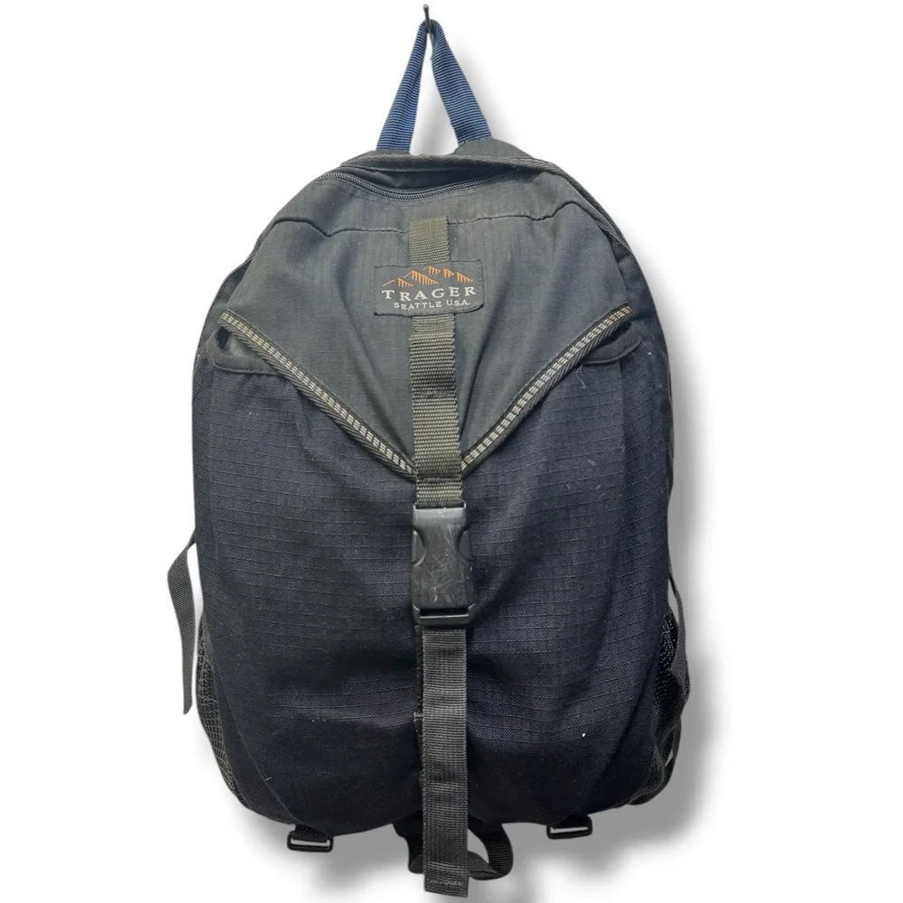Trager Seattle USA Vintage Blk Ripstop Nylon Backpack Gorpcore Daypack Made USA‎